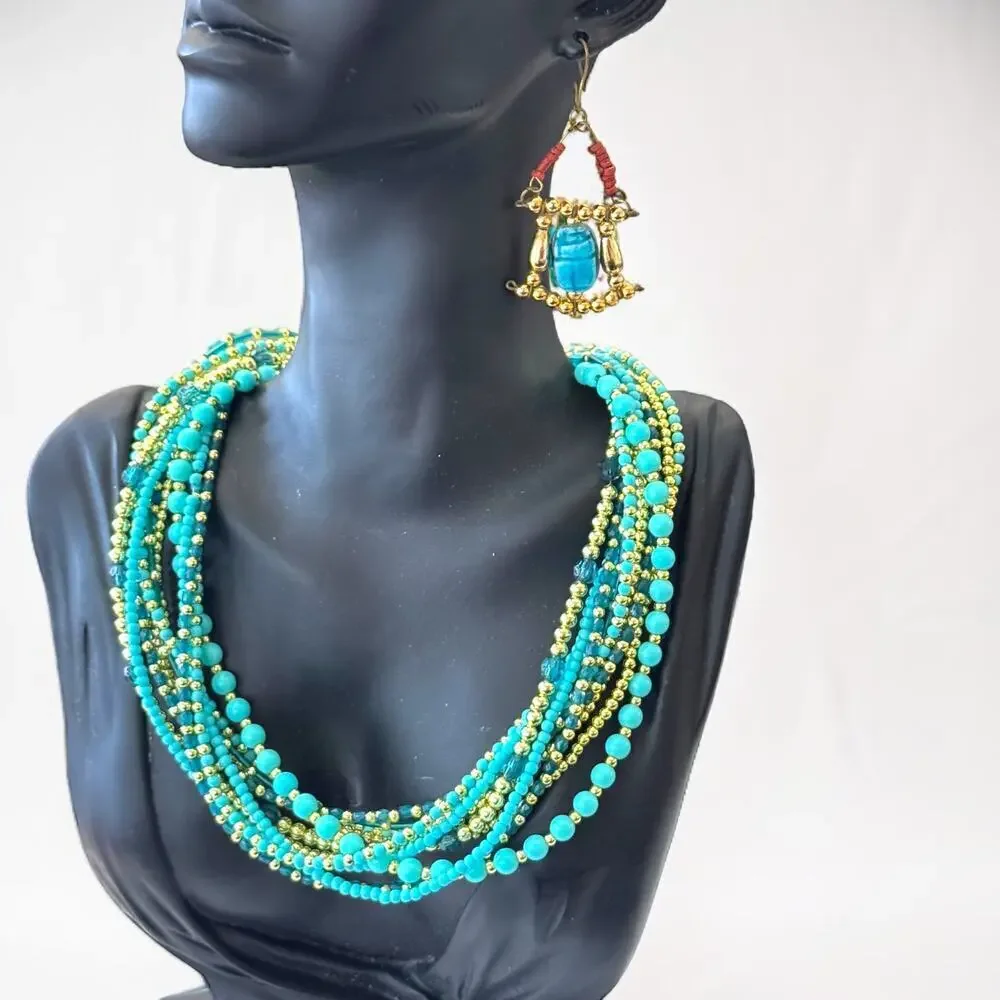 Vintage Multi-Strand Turquoise & Gold Tone Bead Necklace Hanging Scarab Earrings